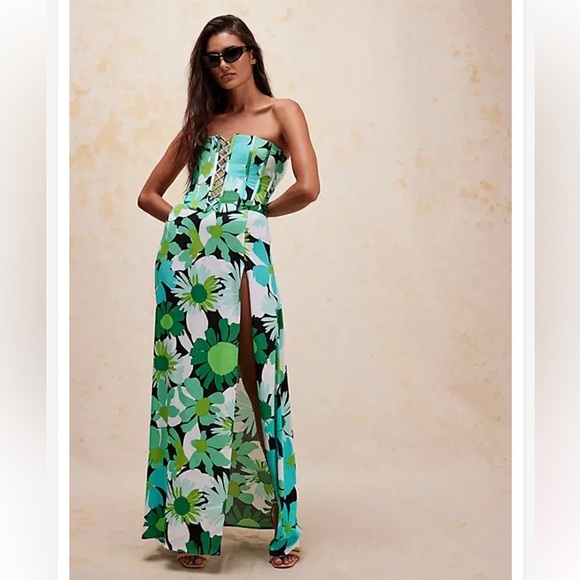AFRM 70s Psychedelic Floral Print Crepe High
Waist Side Slit Maxi Skirt Set S/P - Picture 1 of 12
